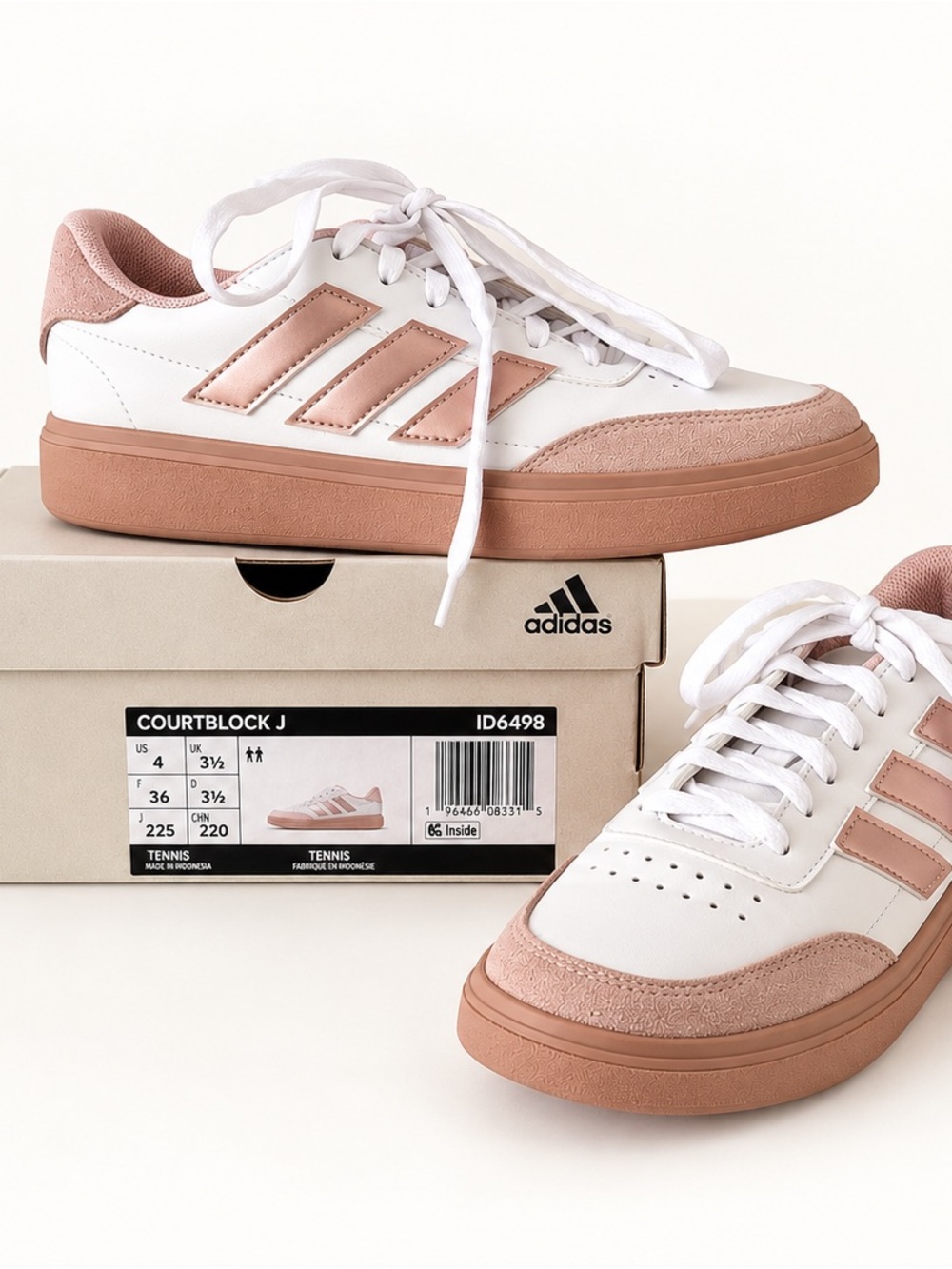 Adidas Youth Girls Courtblock White and Rose Gold Sneakers / Blush Pink / Size 4